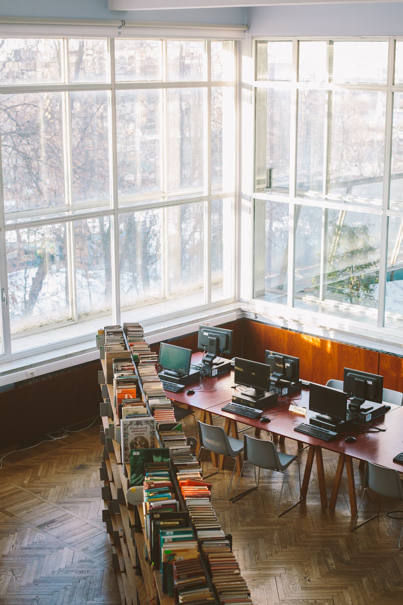 A bright library with tall windows and study tables